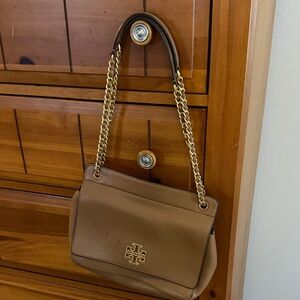 Tory Burch Brown Leather Shoulder Bag with Gold Chain
